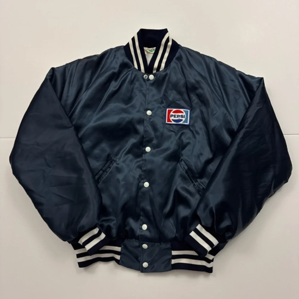 Vintage‎ Pepsi Cola Patch Satin Snap Button Bomber Jacket Navy Blue Medium